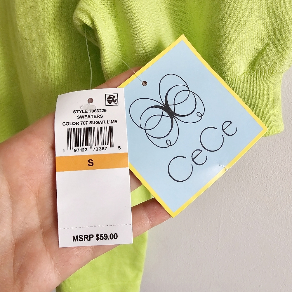 NWT CeCe Puff Sleeve Cotton Crewneck Sweater in Sugar Lime Size Small - Picture 5 of 15